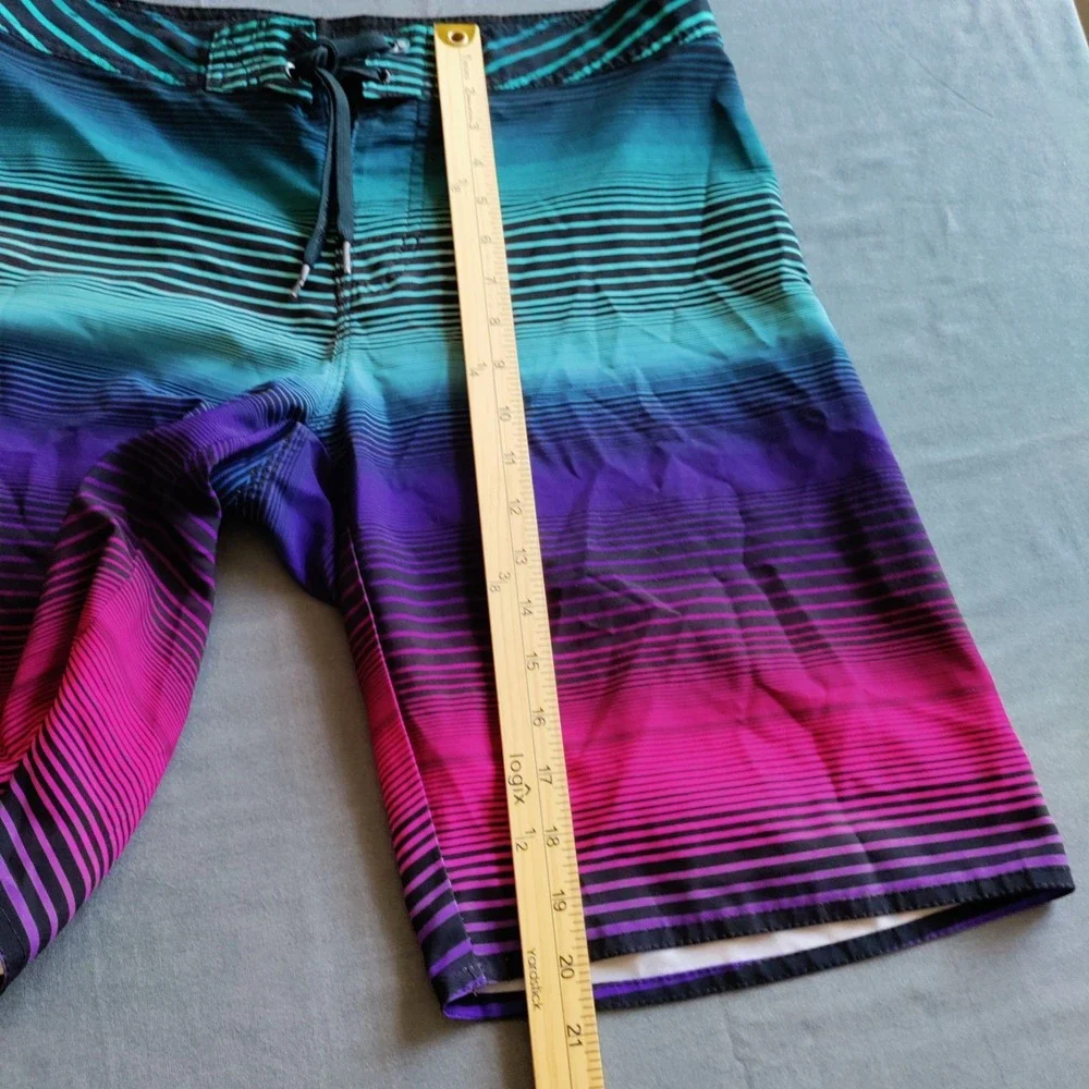 Hang Ten Board Ombre‎ Striped Tropical Lined Aloha Swim Surfboard Shorts Men 32